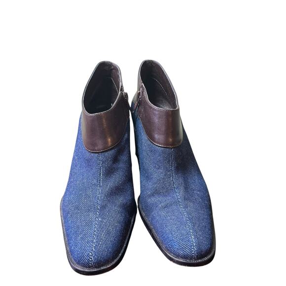 Etienne Aigner Donnie Denim Leather Trim Pointed Toe Stack Heel Bootie - Picture 2 of 7